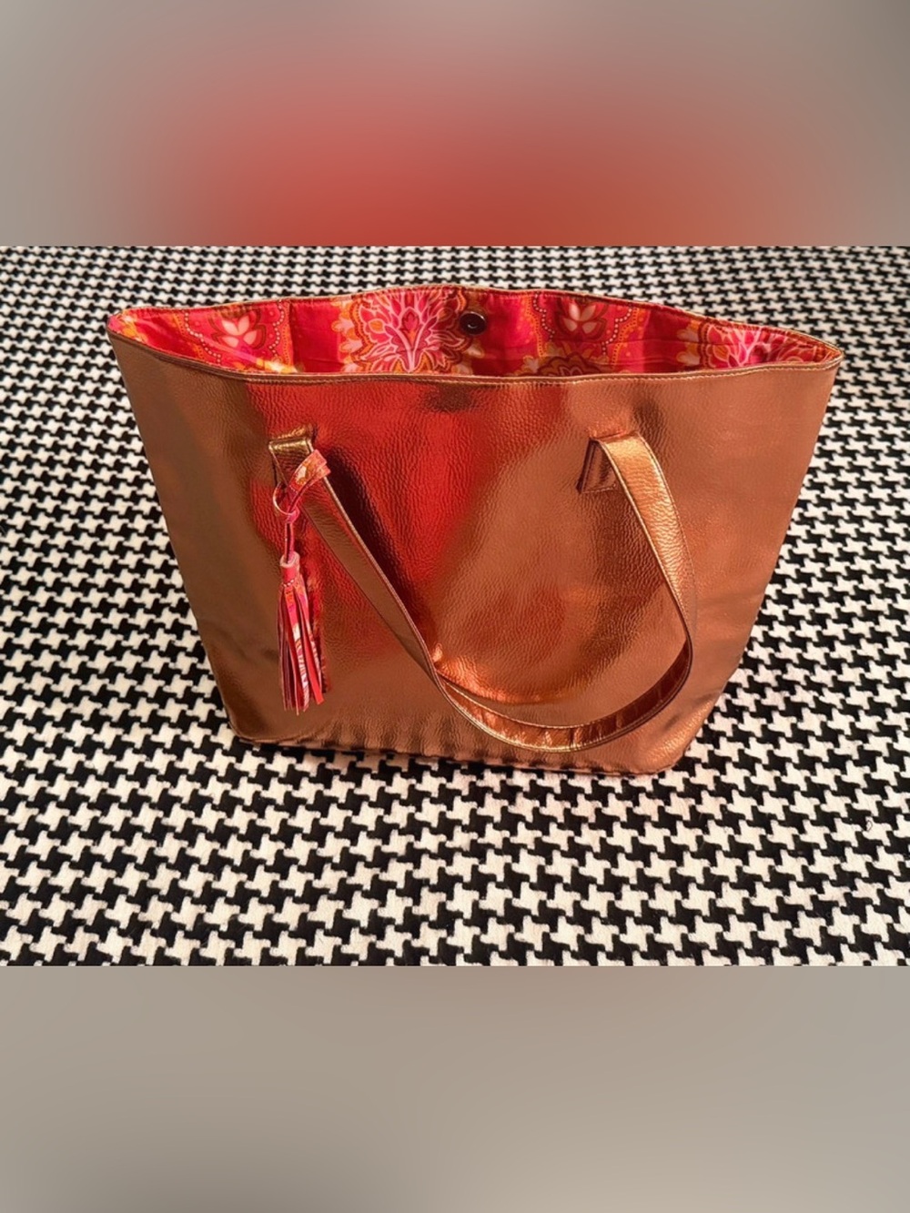 Y2K Metallic Copper Tote Bag Rose Gold Shoulder Purse Paisley Lining Boho